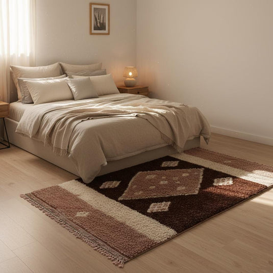 Translation missing: es.Neutral designer rug—ivory and beige high pile wool with diamond pattern and boho chic styling—perfect for minimalist or Scandi home décor