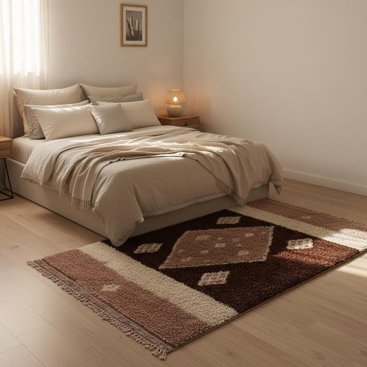 Translation missing: es.Neutral designer rug—ivory and beige high pile wool with diamond pattern and boho chic styling—perfect for minimalist or Scandi home décor