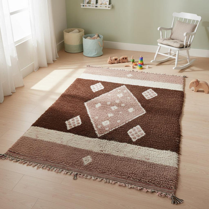 Translation missing: es.Boho accent carpet wool rug in warm ivory, beige and brown with diamond graphic, modern Moroccan inspired design for living space