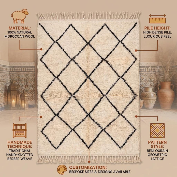 Translation missing: fr.Moroccan Geometric Diamond Rug – Neutral Ivory Boho Tribal Pattern Textured Area Rug for Living Room Decor