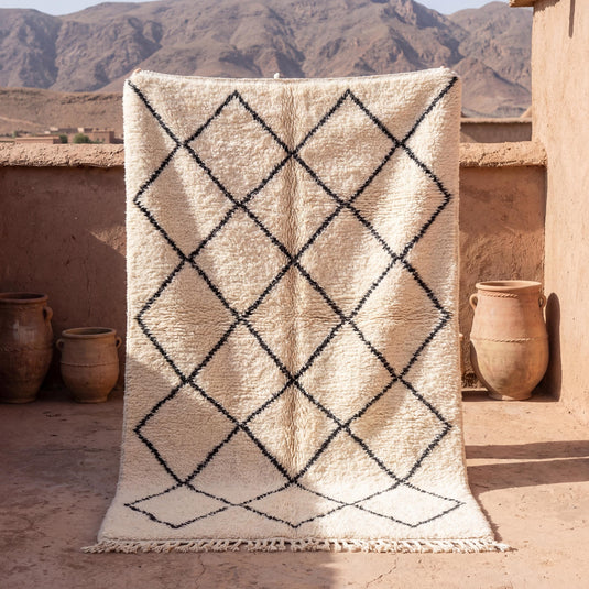 Translation missing: es.Ivory Moroccan geometric diamond rug with charcoal tribal pattern and textured surface for living room decor