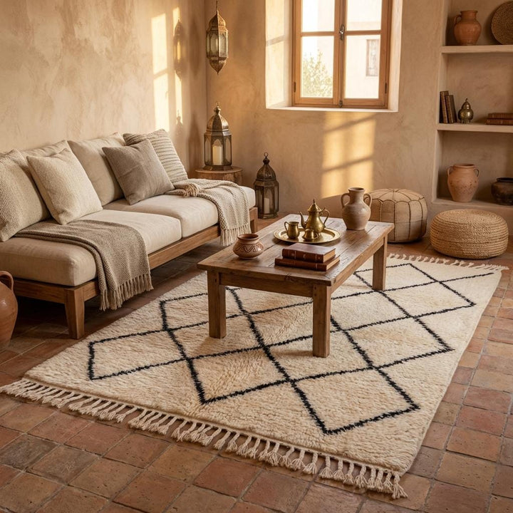 Translation missing: fr.Neutral boho area rug styled in desert inspired setting