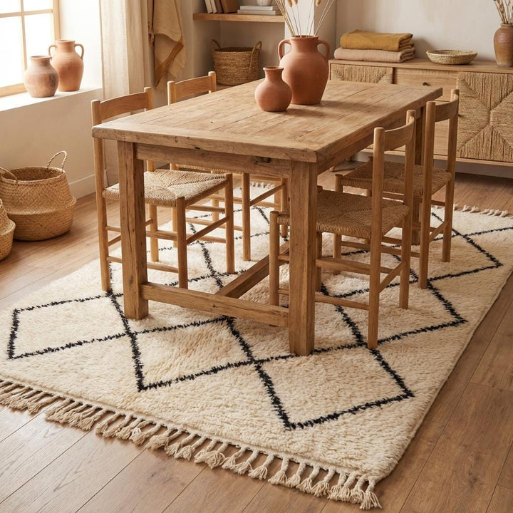Translation missing: fr.Moroccan Geometric Diamond Rug – Neutral Ivory Boho Tribal Pattern Textured Area Rug for Living Room Decor
