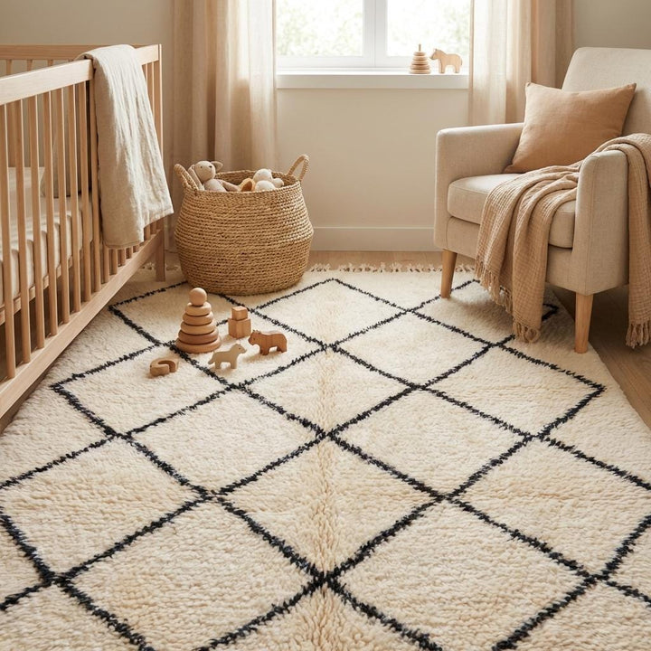 Translation missing: fr.Moroccan Geometric Diamond Rug – Neutral Ivory Boho Tribal Pattern Textured Area Rug for Living Room Decor