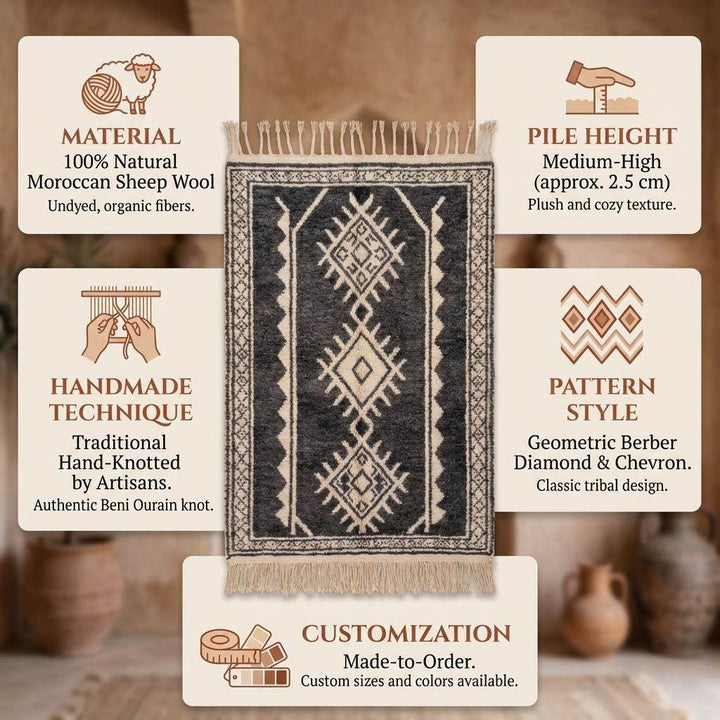 Translation missing: es.Moroccan Geometric Rug – Charcoal Ivory Tribal Diamond Pattern Boho Rug for Living Room Decor