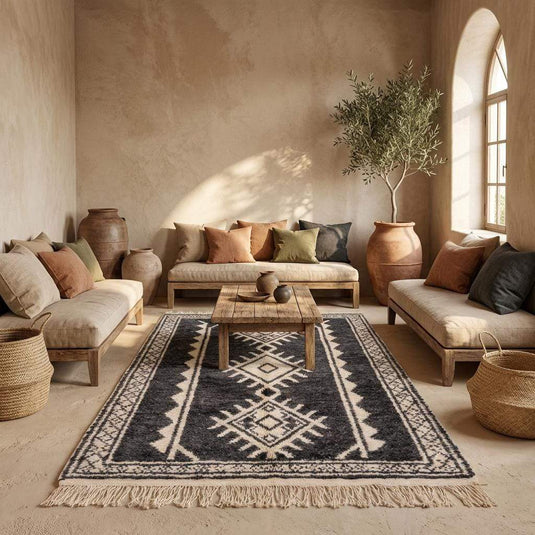 Translation missing: es.Charcoal tribal rug with ivory border and symmetrical diamond design