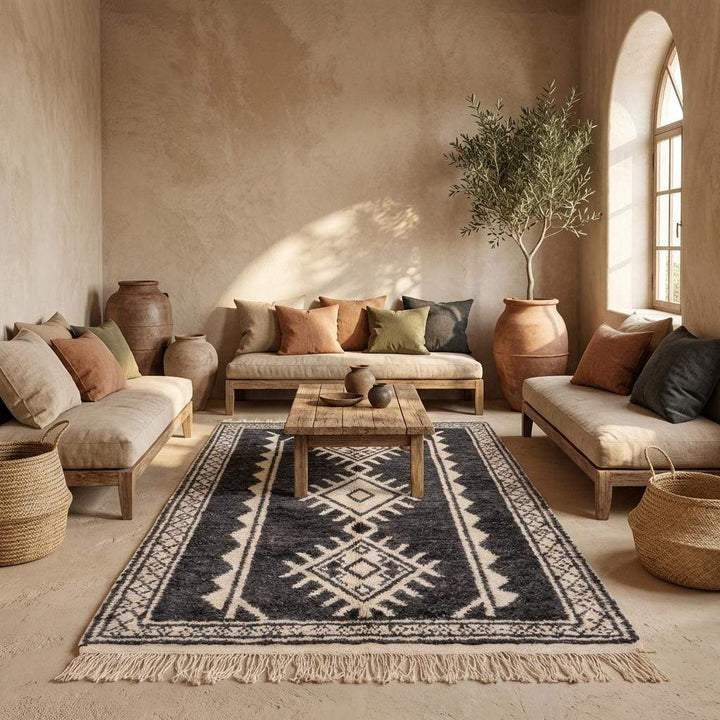 Translation missing: es.Charcoal tribal rug with ivory border and symmetrical diamond design