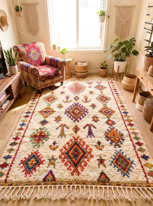 Translation missing: es.Moroccan geometric rug with ivory base, colorful Berber diamond pattern, and fringe for boho living room decor