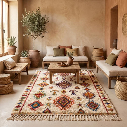 Translation missing: es.Ivory boho rug with red blue and mustard geometric motifs