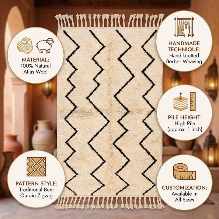 Translation missing: es.Moroccan Geometric Rug, Ivory Berber Zigzag Pattern Rug, Neutral Boho Textured Rug with Black Tribal Lines