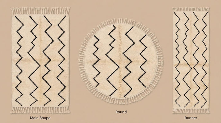 Translation missing: es.Moroccan Geometric Rug, Ivory Berber Zigzag Pattern Rug, Neutral Boho Textured Rug with Black Tribal Lines