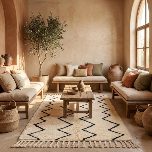 Translation missing: es.Plush textured ivory rug with black tribal zigzag lines