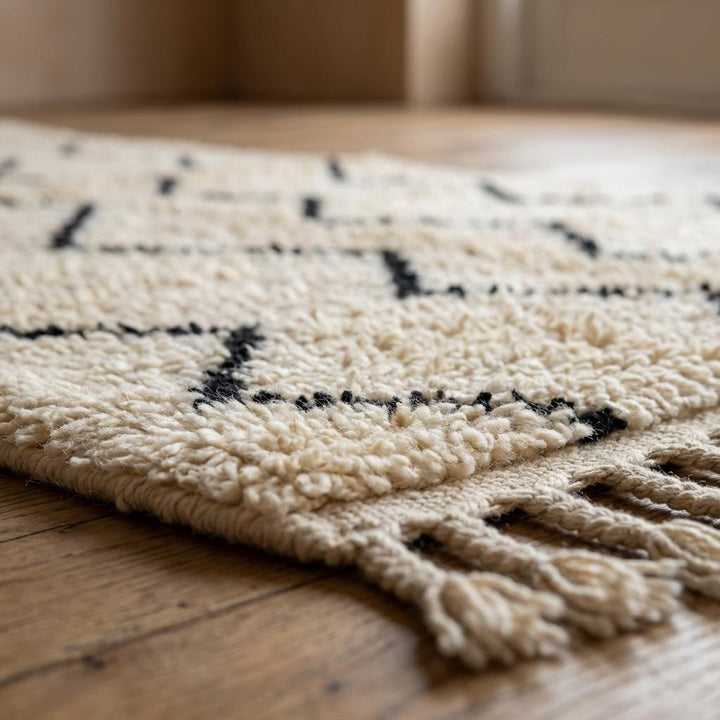 Translation missing: es.Fringe edge detail of neutral Berber style rug