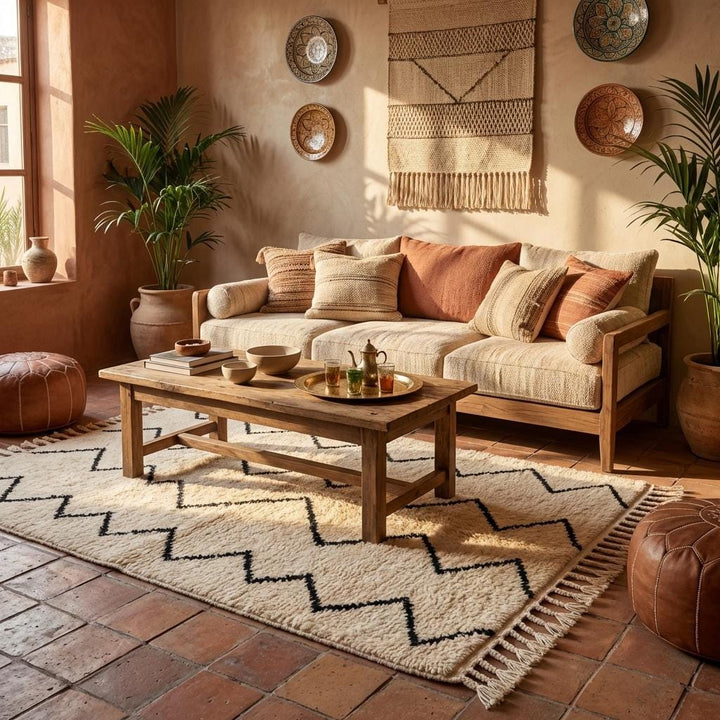 Translation missing: es.Moroccan inspired rug styled in desert terrace setting