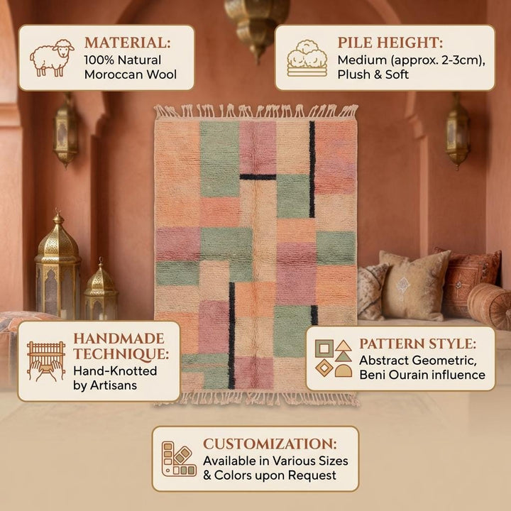Translation missing: es.Moroccan Geometric Rug, Peach and Sage Block Pattern Boho Rug, Textured Tribal Style Area Rug