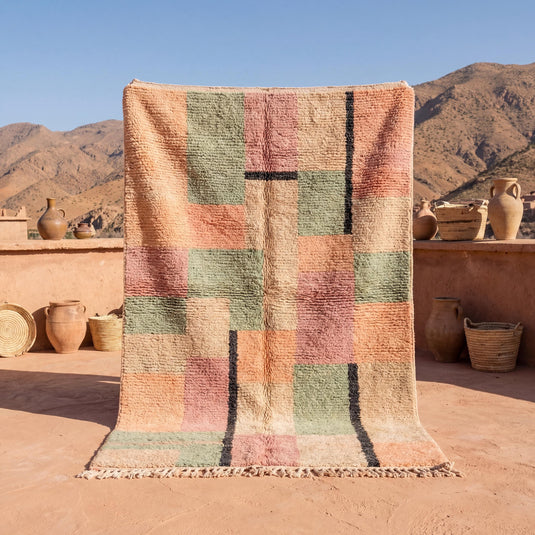 Translation missing: es.Moroccan geometric rug with peach, sage, and cream block pattern in textured boho style