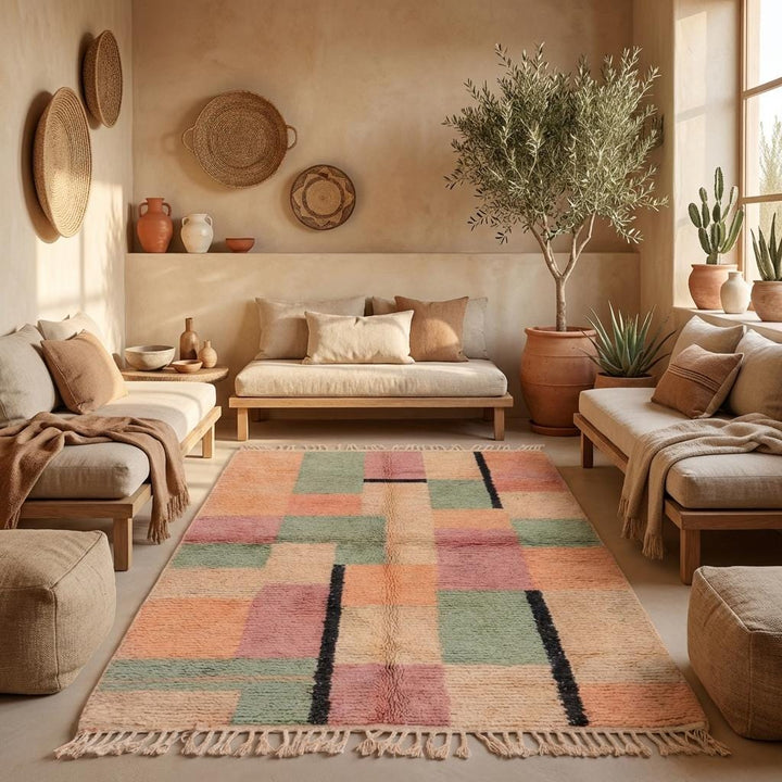 Translation missing: es.Plush textured boho rug with abstract geometric design and fringe edge