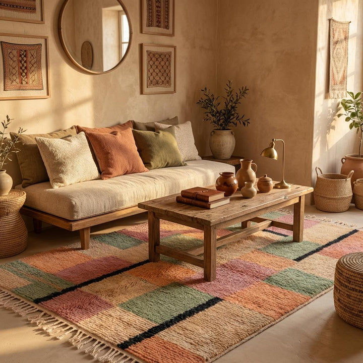 Translation missing: es.Moroccan Geometric Rug, Peach and Sage Block Pattern Boho Rug, Textured Tribal Style Area Rug