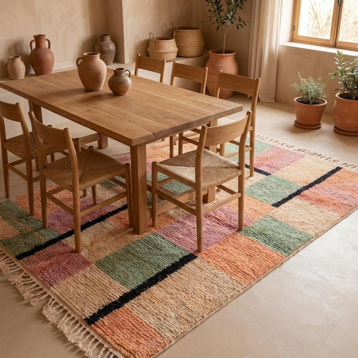 Translation missing: es.Moroccan Geometric Rug, Peach and Sage Block Pattern Boho Rug, Textured Tribal Style Area Rug