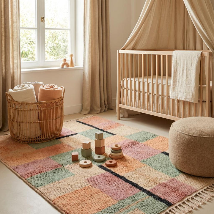 Translation missing: es.Desert styled scene featuring geometric Moroccan style rug with earthy tones