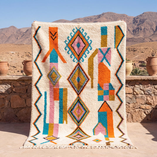 Translation missing: es.Ivory Moroccan hand knotted rug with colorful geometric diamond tribal pattern and decorative fringe edges