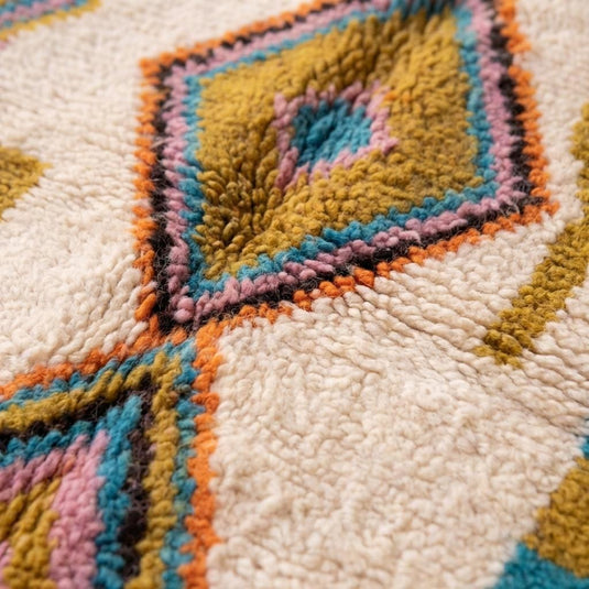 Translation missing: es.Close-up of textured high pile tribal rug with colorful geometric design