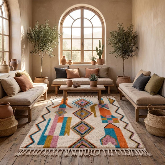 Translation missing: es.Moroccan inspired rug with stacked diamond pattern and zigzag borders