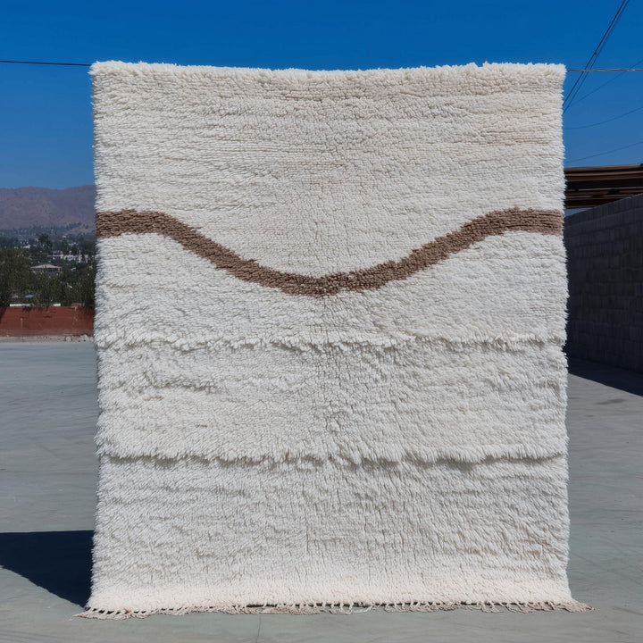 Translation missing: es.Cream Moroccan shag rug with high pile and wavy taupe Berber design