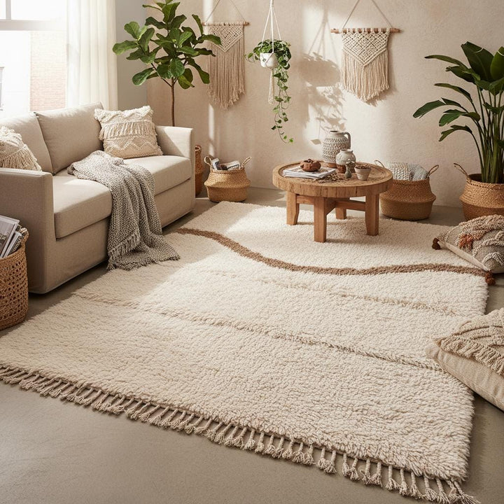 Translation missing: es.Cozy cream shag area rug with thick Berber-inspired pile and subtle brown wave pattern for boho, Japandi, and organic modern interiors