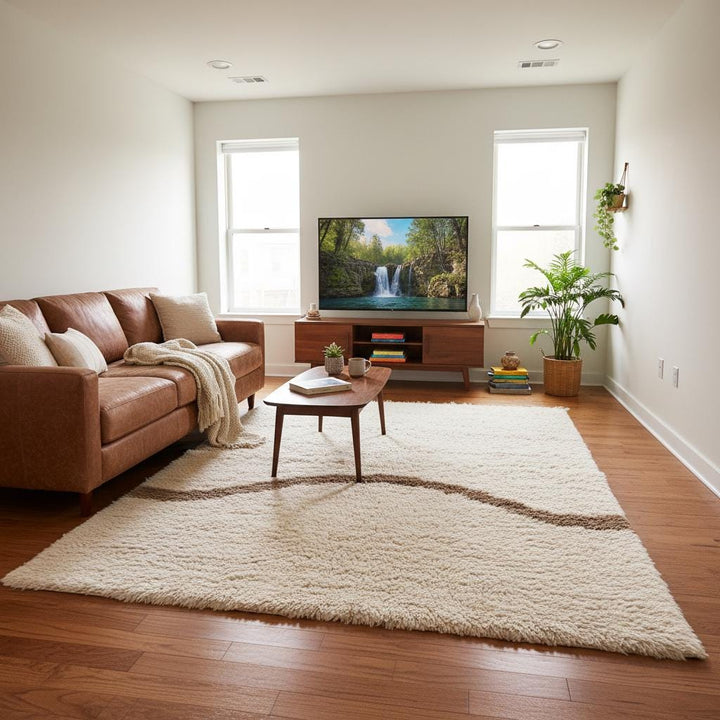 Translation missing: es.Textured plush cream rug with raised high-pile fibers and minimalist wavy detailing, ideal for living rooms and bedrooms