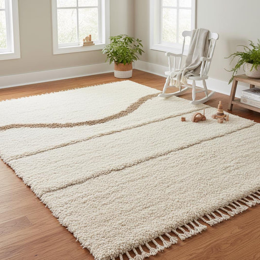 Translation missing: es.Large cream high pile area rug with cozy cloud-like texture and simple wavy line accent for Scandinavian and boho homes