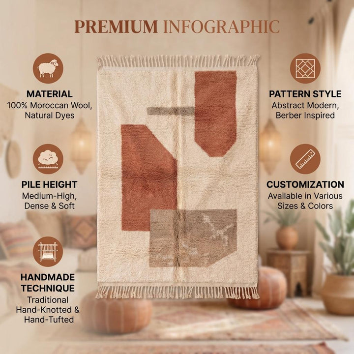 Translation missing: es.Moroccan Style Geometric Rug – Ivory Terracotta Abstract Boho Rug, Neutral Desert Modern Decor