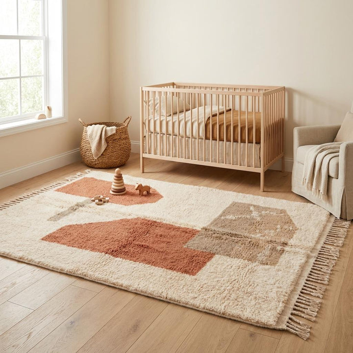 Translation missing: es.Neutral Moroccan style rug displayed in warm desert inspired setting