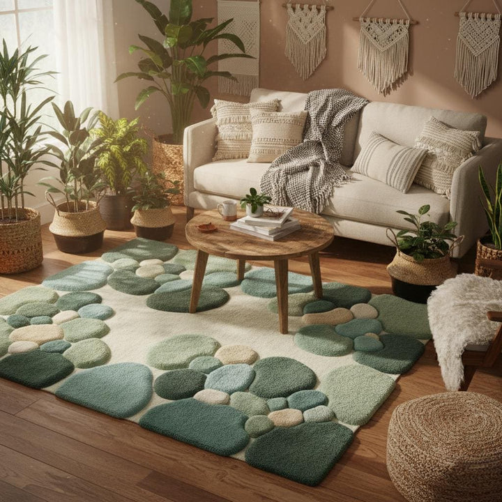 Translation missing: es.Moss Green Abstract Area Rug, Hand Tufted Organic Pebble Rug, Plush Modern Living Room Carpet, Sage Green Decor