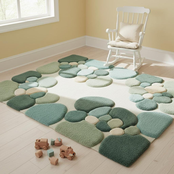 Translation missing: es.Moss Green Abstract Area Rug, Hand Tufted Organic Pebble Rug, Plush Modern Living Room Carpet, Sage Green Decor