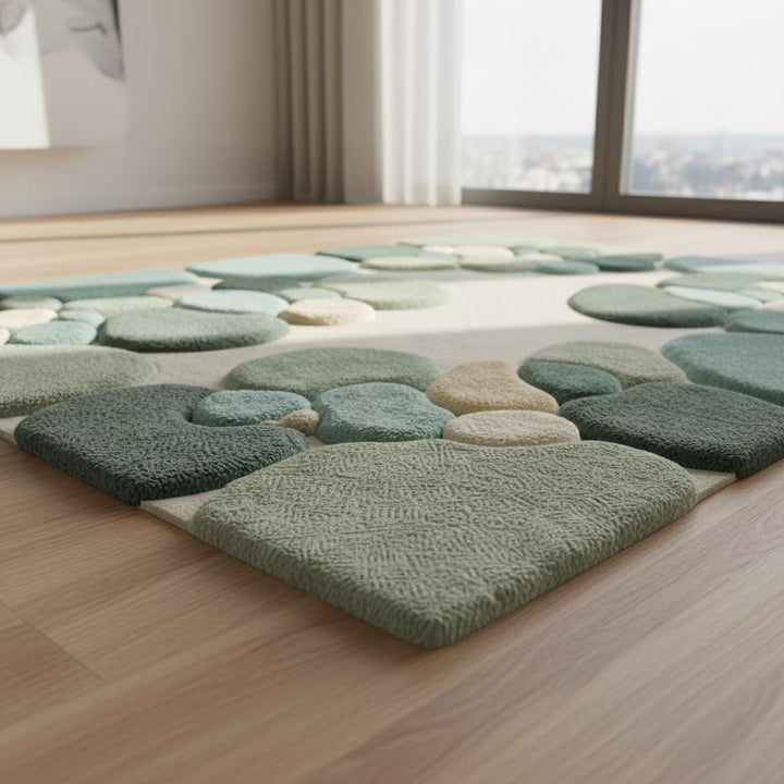 Translation missing: es.Moss Green Abstract Area Rug, Hand Tufted Organic Pebble Rug, Plush Modern Living Room Carpet, Sage Green Decor