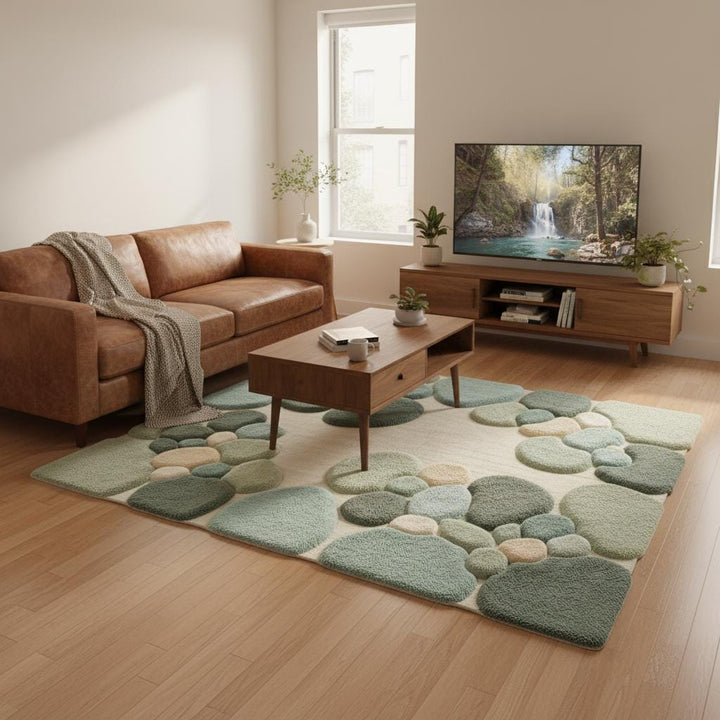 Translation missing: es.Moss Green Abstract Area Rug, Hand Tufted Organic Pebble Rug, Plush Modern Living Room Carpet, Sage Green Decor