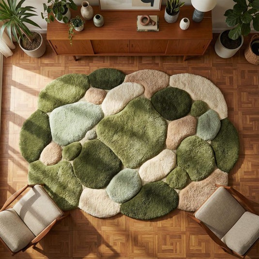 Translation missing: es.Moss green pebble rug hand tufted wool area rug with organic shape and natural stone design