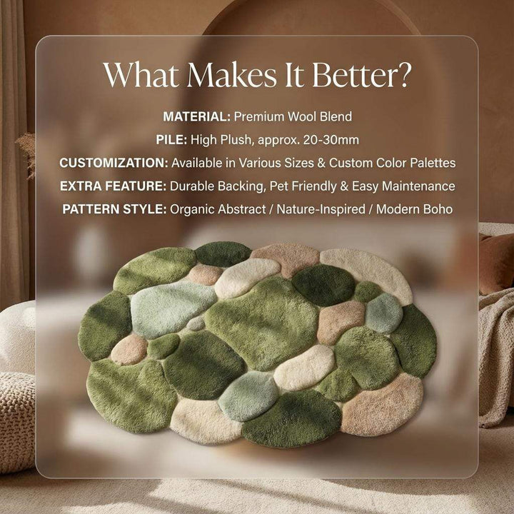 Translation missing: es.Moss Green Pebble Rug, Hand Tufted Wool Organic Shape Area Rug, Modern Nature Inspired High Pile Carpet for Living Room Bedroom Decor