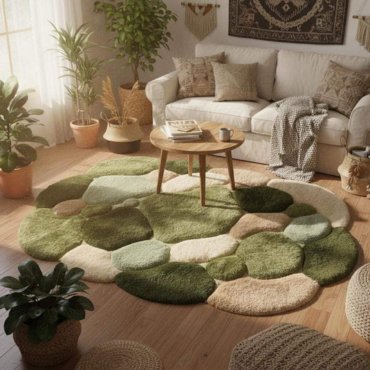 Translation missing: es.Moss Green Pebble Rug, Hand Tufted Wool Organic Shape Area Rug, Modern Nature Inspired High Pile Carpet for Living Room Bedroom Decor