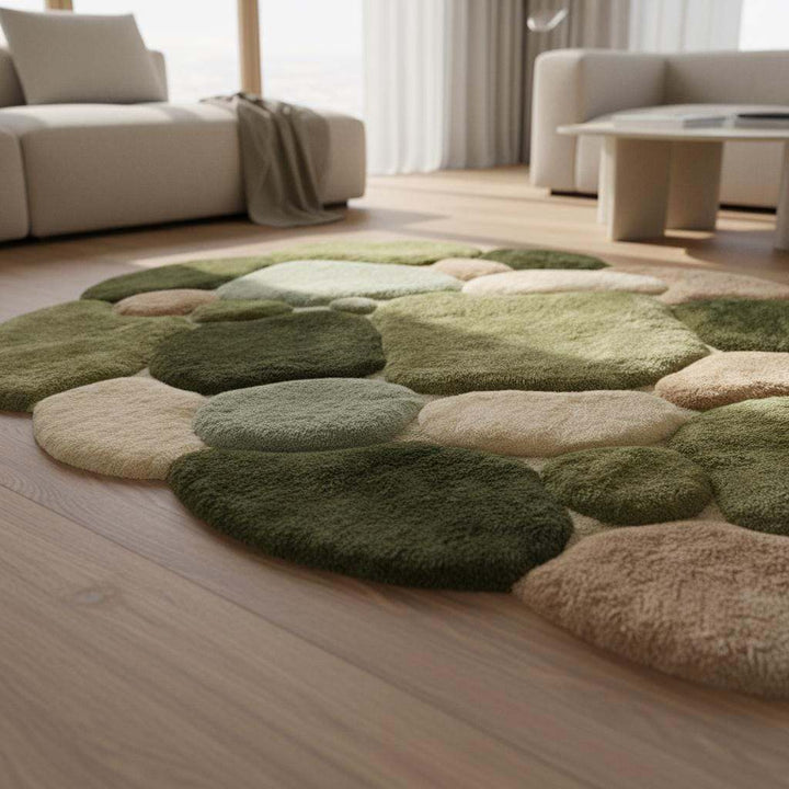 Translation missing: es.Moss Green Pebble Rug, Hand Tufted Wool Organic Shape Area Rug, Modern Nature Inspired High Pile Carpet for Living Room Bedroom Decor