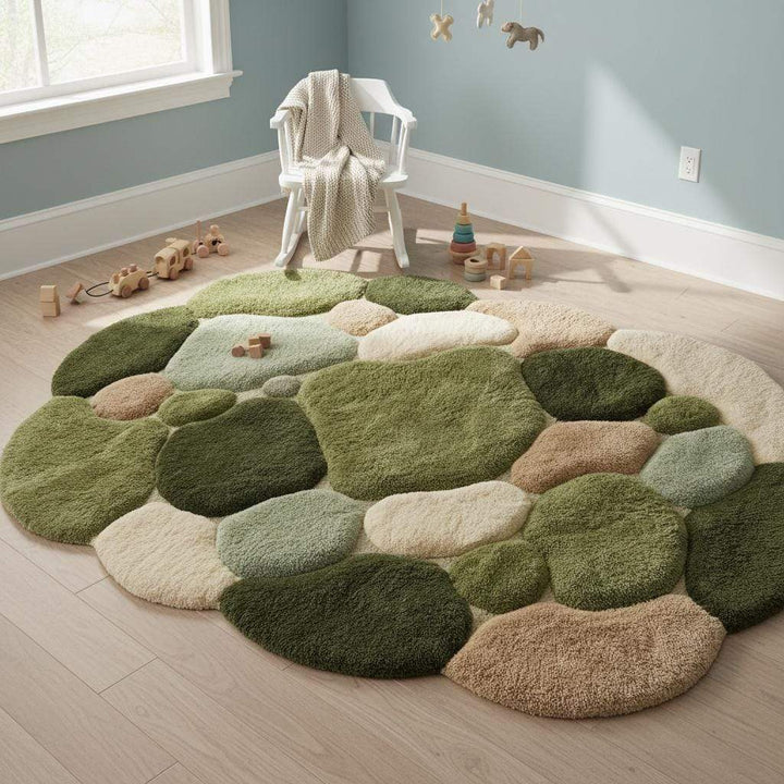 Translation missing: es.Moss Green Pebble Rug, Hand Tufted Wool Organic Shape Area Rug, Modern Nature Inspired High Pile Carpet for Living Room Bedroom Decor