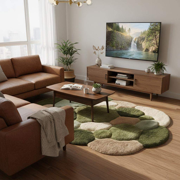 Translation missing: es.Moss Green Pebble Rug, Hand Tufted Wool Organic Shape Area Rug, Modern Nature Inspired High Pile Carpet for Living Room Bedroom Decor