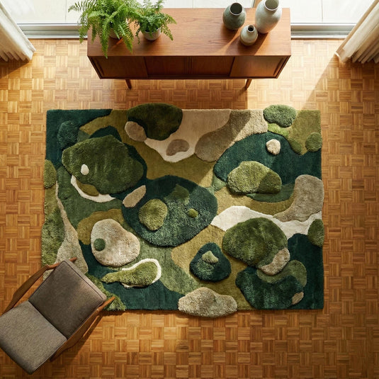 Translation missing: en.Hand tufted moss green rug with abstract organic plush pile, perfect for modern living rooms and Japandi style decor
