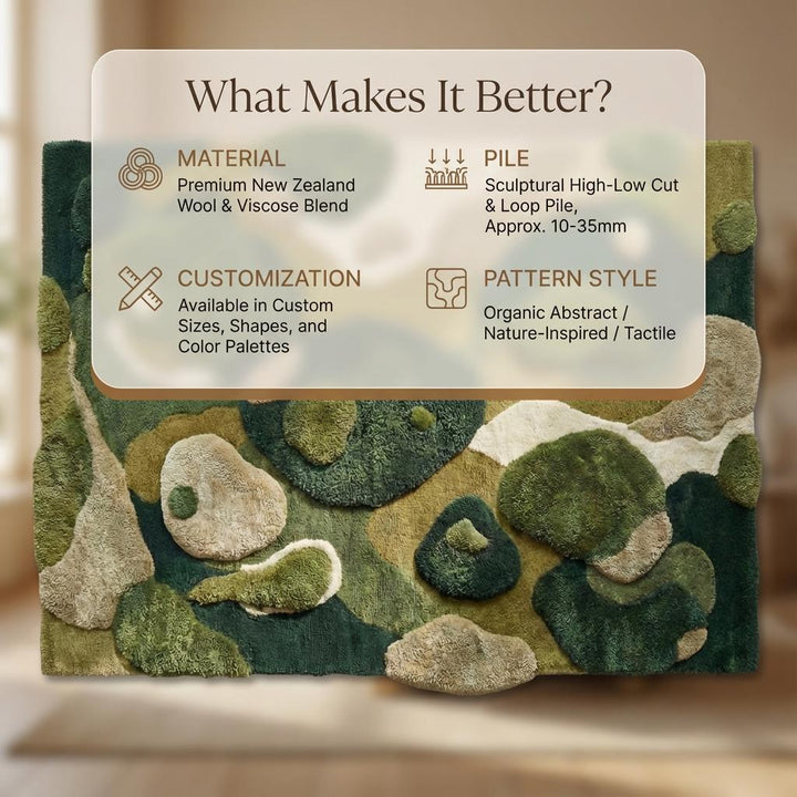 Translation missing: es.Moss Green Rug, Abstract Hand Tufted Area Rug, Modern Organic Plush Rug for Living Room, Nature Inspired Home Decor