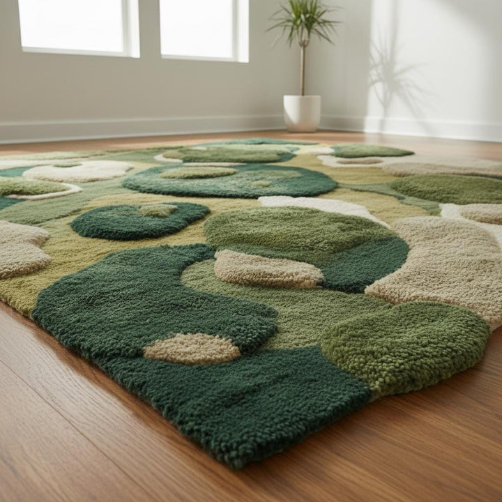 Translation missing: es.Moss Green Rug, Abstract Hand Tufted Area Rug, Modern Organic Plush Rug for Living Room, Nature Inspired Home Decor