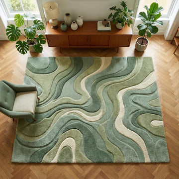 Translation missing: en.Organic-shaped moss green rug with plush cut pile and abstract wave patterns for living room and bedroom decor