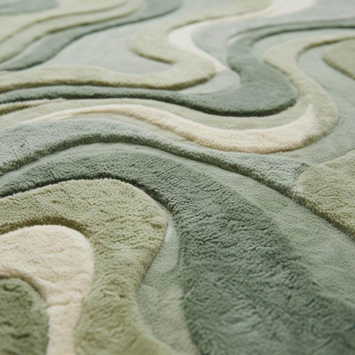 Translation missing: es.Plush moss green rug with organic shape and abstract wave patterns for living room and bedroom decor