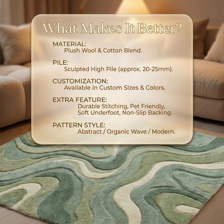 Translation missing: es.Moss green rug with plush cut pile and abstract wave design in organic shape for living room and bedroom decor