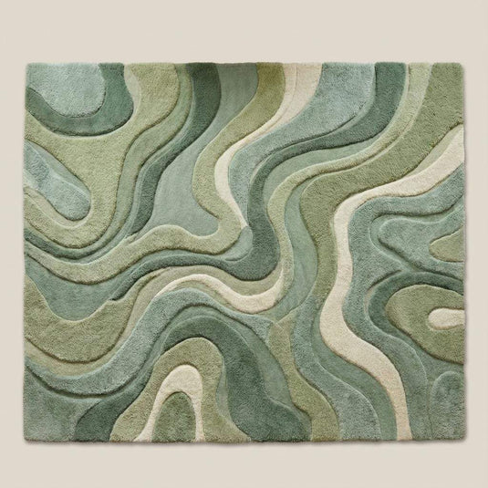 Translation missing: es.Moss green organic shape rug with plush cut pile and abstract wave patterns for living room decor